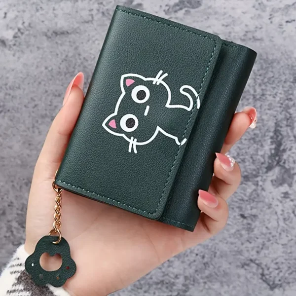 Cute Cat Pattern Women's Wallet, Faux Leather Trifold with Tassel Pendant