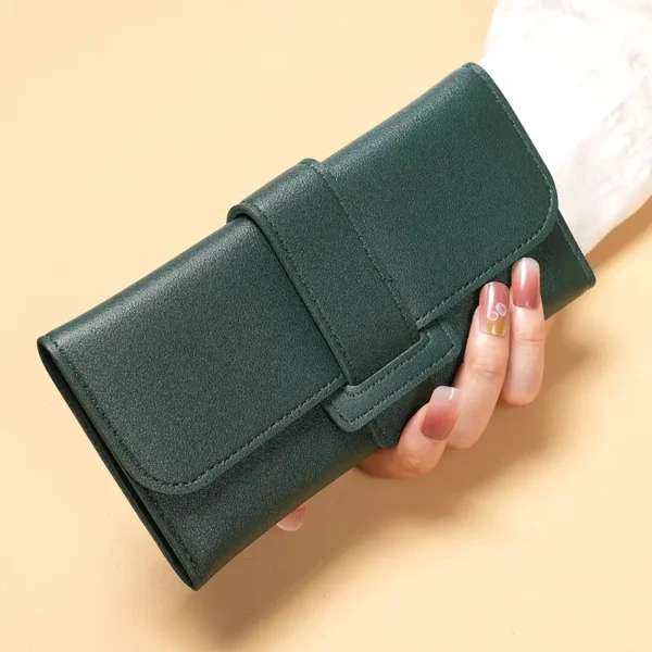 Women's Long Trifold Faux Leather Imported Wallet - Casual Style with Buckle Closure